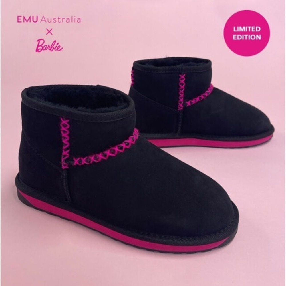 EMU Australia® (Women's 9) Barbie™ Stinger Mini Boot in Black/Barbie Pink - $159